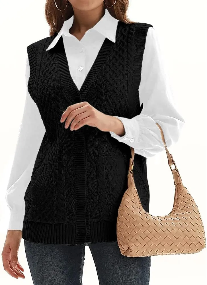 WomensKnit Sweater Vest V Neck Sleeveless Cardigan Button Down Sweater Pocket Outwear Tops
