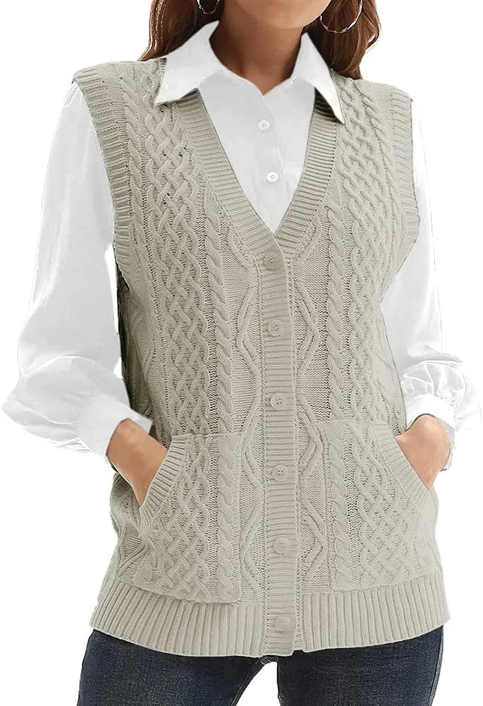 WomensKnit Sweater Vest V Neck Sleeveless Cardigan Button Down Sweater Pocket Outwear Tops