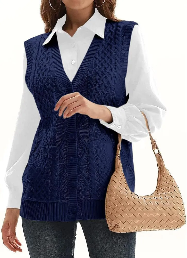 WomensKnit Sweater Vest V Neck Sleeveless Cardigan Button Down Sweater Pocket Outwear Tops