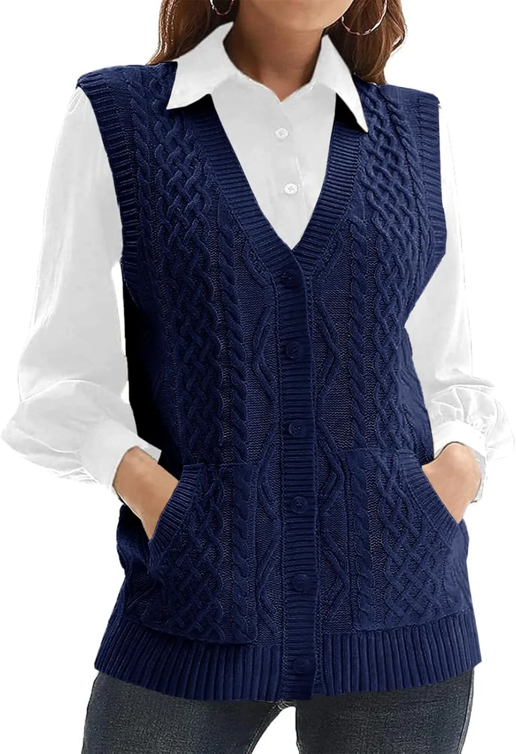 WomensKnit Sweater Vest V Neck Sleeveless Cardigan Button Down Sweater Pocket Outwear Tops
