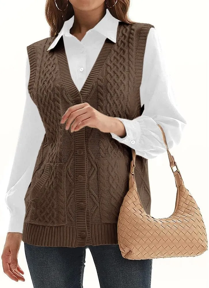 WomensKnit Sweater Vest V Neck Sleeveless Cardigan Button Down Sweater Pocket Outwear Tops