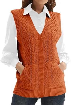 WomensKnit Sweater Vest V Neck Sleeveless Cardigan Button Down Sweater Pocket Outwear Tops