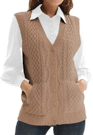 WomensKnit Sweater Vest V Neck Sleeveless Cardigan Button Down Sweater Pocket Outwear Tops