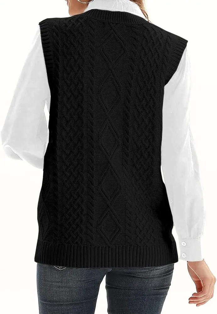WomensKnit Sweater Vest V Neck Sleeveless Cardigan Button Down Sweater Pocket Outwear Tops