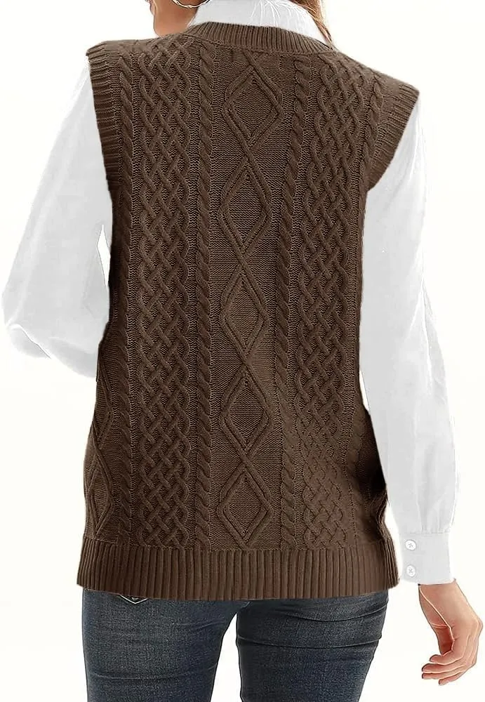 WomensKnit Sweater Vest V Neck Sleeveless Cardigan Button Down Sweater Pocket Outwear Tops