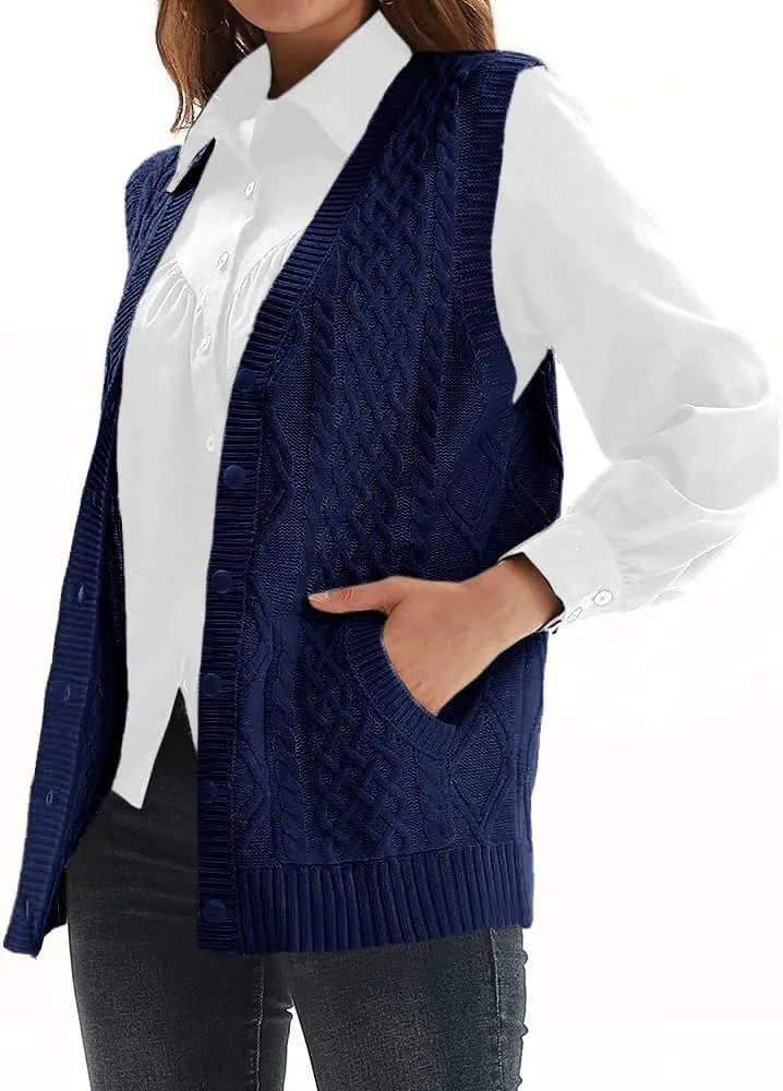 WomensKnit Sweater Vest V Neck Sleeveless Cardigan Button Down Sweater Pocket Outwear Tops