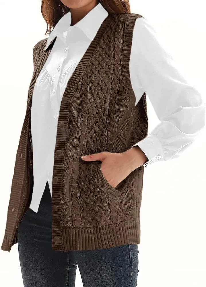 WomensKnit Sweater Vest V Neck Sleeveless Cardigan Button Down Sweater Pocket Outwear Tops