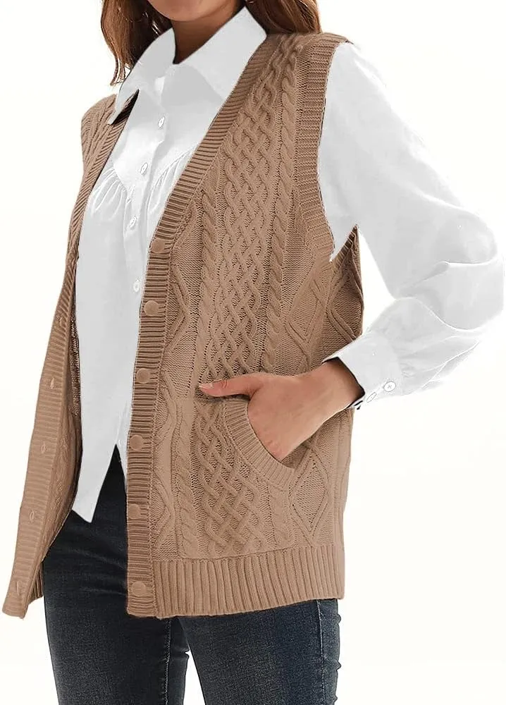 WomensKnit Sweater Vest V Neck Sleeveless Cardigan Button Down Sweater Pocket Outwear Tops