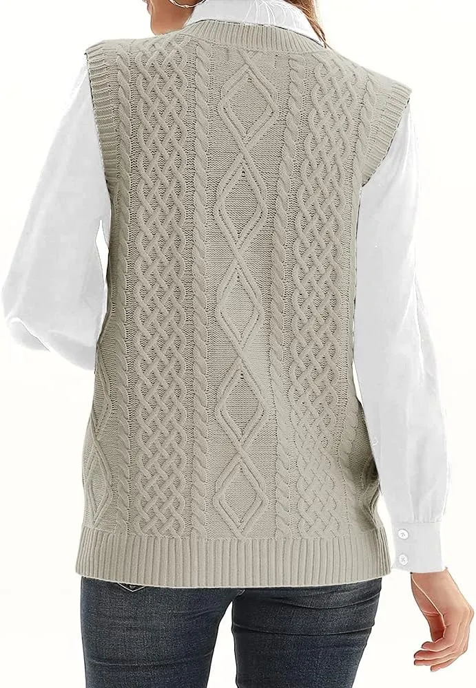 WomensKnit Sweater Vest V Neck Sleeveless Cardigan Button Down Sweater Pocket Outwear Tops