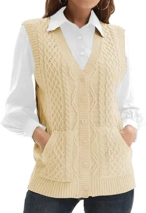 WomensKnit Sweater Vest V Neck Sleeveless Cardigan Button Down Sweater Pocket Outwear Tops