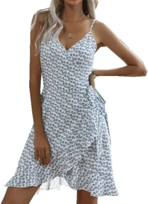 YGJKLIS Summer Ruffle Hem V Neck Tunic Mini Dress Irregular Suspender Skirt Belted Floral Print Mini Dress
