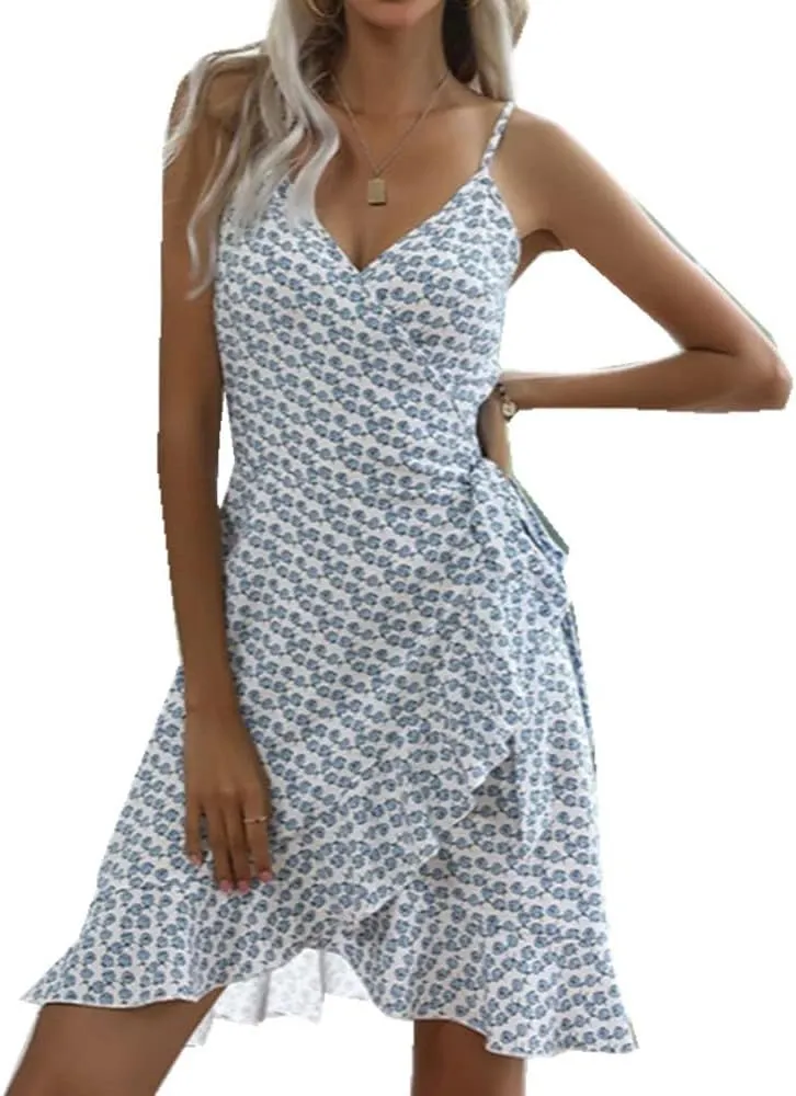 YGJKLIS Summer Ruffle Hem V Neck Tunic Mini Dress Irregular Suspender Skirt Belted Floral Print Mini Dress