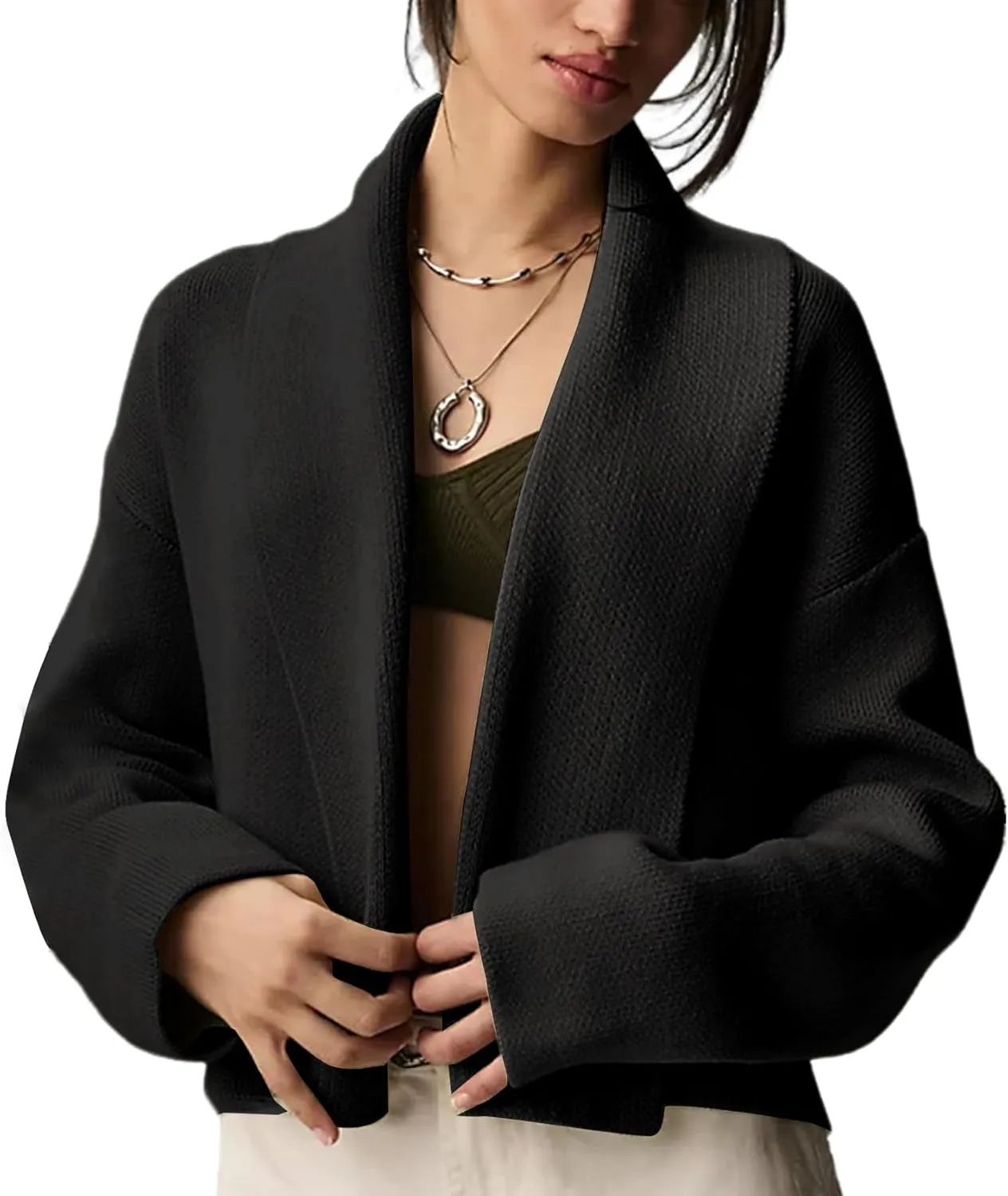 Yimoon Women's Cropped Cardigan Sweater Oversized Lapel Chunky Knit Coatigan Long Sleeve Open Front Sweater