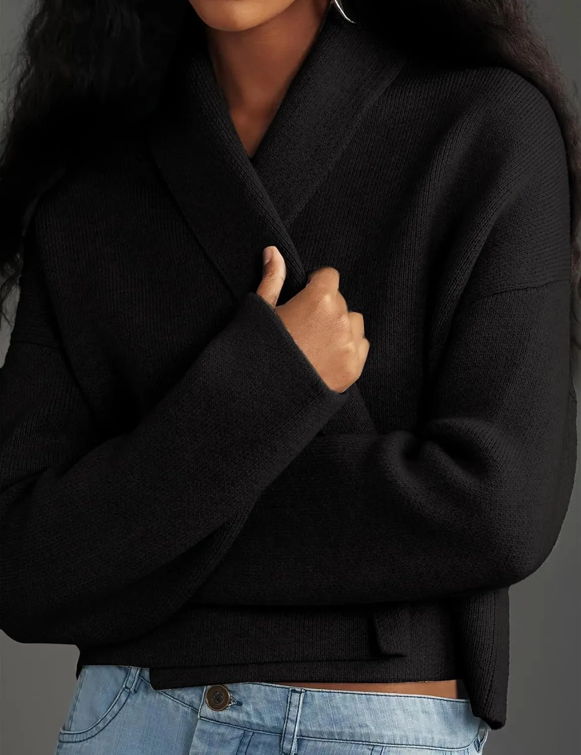 Yimoon Women's Cropped Cardigan Sweater Oversized Lapel Chunky Knit Coatigan Long Sleeve Open Front Sweater