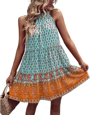 YOXUA Women's Summer Boho Halter Neck Mini Dress, Sleeveless Floral Printed Swing Tunic Tank Beach Ruffle Sundress